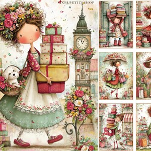 May include: Watercolor illustration featuring a whimsical girl carrying gifts and a dog in a basket. The image includes a clock tower and floral accents, with a soft, pastel color palette. The style is reminiscent of vintage storybook art.