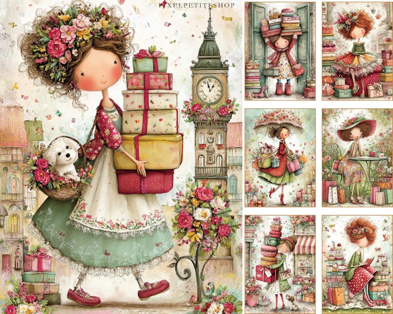 May include: Watercolor illustration featuring a whimsical girl carrying gifts and a dog in a basket. The image includes a clock tower and floral accents, with a soft, pastel color palette. The style is reminiscent of vintage storybook art.
