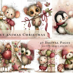 May include: A digital art print showcasing charming animal illustrations with a Christmas theme. The image includes a mouse, a possum, a penguin, a sheep, an owl, a mouse with gifts, and a red panda. Text reads "Sweet Animas Christmas" and "47 Digital Pages".