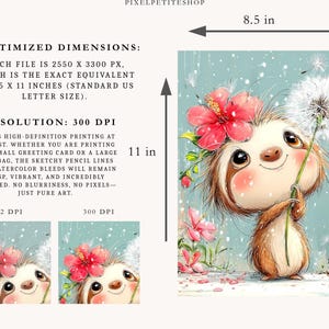 Puede incluir: Ilustraci&oacute;n digital de un perezoso marr&oacute;n con ojos grandes, sosteniendo un diente de le&oacute;n blanco y adornado con una flor de hibisco roja. El texto incluye OPTIMIZED DIMENSIONS, 2550 X 3300 PX, 8.5 X 11 INCHES y 300 DPI. La imagen compara 72 DPI y 300 DPI.