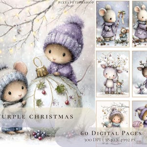 Pode incluir: Ilustrações em aquarela de ratinhos adoráveis e outras criaturas da floresta em roupas de inverno. A imagem principal apresenta um grande enfeite de Natal e o texto "Purple Christmas". Imagens adicionais também estão incluídas.
