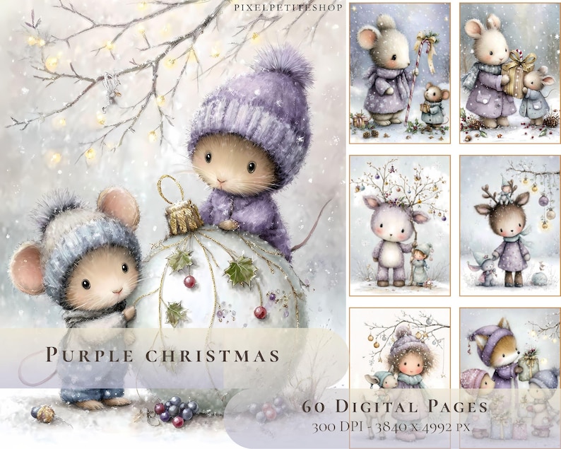 Puede incluir: Ilustraciones en acuarela de adorables ratones y otras criaturas del bosque con ropa de invierno. La imagen principal presenta un gran adorno navide&ntilde;o y el texto "Purple Christmas". Tambi&eacute;n se incluyen im&aacute;genes adicionales.