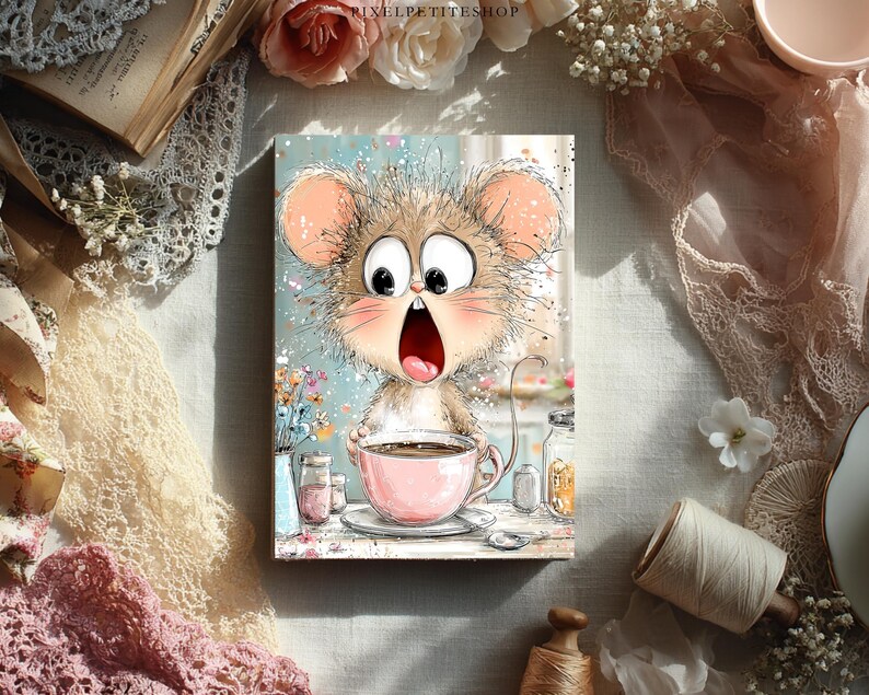 May include: A whimsical illustration of a surprised mouse holding a pink teacup. The mouse has large eyes and an open mouth, with a light blue and white background. The image is surrounded by flowers and lace.