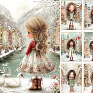 May include: A digital art print featuring a young girl in a winter scene, with a red top and floral dress, standing near a river with swans. The artwork has a whimsical style, with a snowy town in the background.