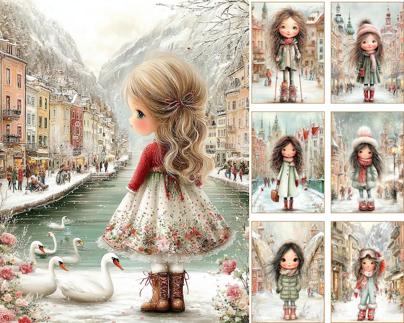 May include: A digital art print featuring a young girl in a winter scene, with a red top and floral dress, standing near a river with swans. The artwork has a whimsical style, with a snowy town in the background.