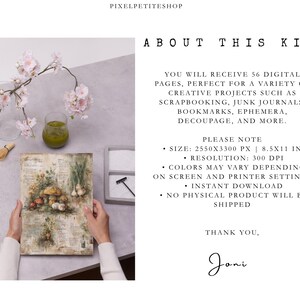 May include: A digital kit with 56 pages for creative projects. The image shows a vintage-style print with mushrooms, onions, and other vegetables. The text on the image says "About This Kit" and "Instant Download". The size is 21.59 x 27.94 cm.