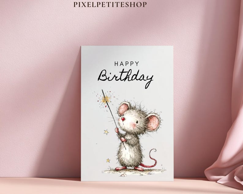 May include: A birthday greeting card featuring a watercolor illustration of a cute mouse holding a sparkling wand. The card has the words "HAPPY Birthday" in elegant script. The mouse is gray and white with pink ears and a red nose.