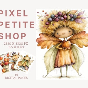 May include: A digital art collection titled PIXEL PETITE SHOP featuring 62 pages at 8.5 x 11 inches. The main illustration shows a whimsical character with a large, bushy, golden-brown hairstyle adorned with berries and leaves, wearing leaf-shaped wings.