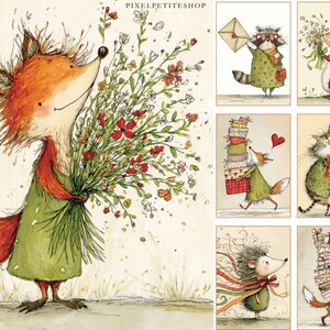 K&ouml;nnte beinhalten: Eine Sammlung skurriler Illustrationen mit anthropomorphen Tieren. Ein Fuchs in einem gr&uuml;nen Kleid h&auml;lt einen Blumenstrau&szlig;. Weitere Bilder zeigen einen Waschb&auml;ren mit einem Brief, ein Eichh&ouml;rnchen mit Blumen und einen Fuchs mit Geschenken.