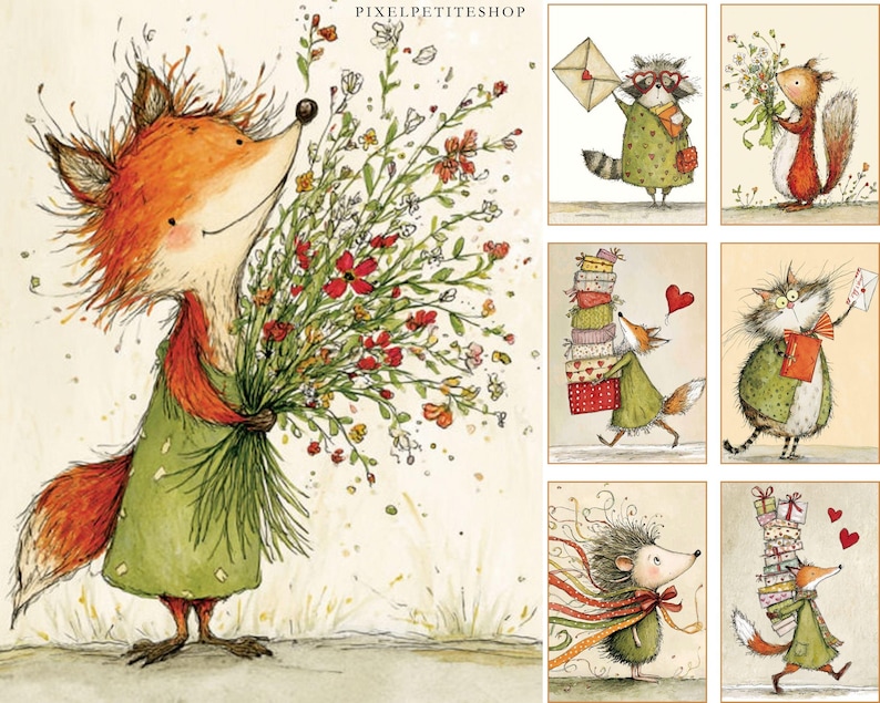 K&ouml;nnte beinhalten: Eine Sammlung skurriler Illustrationen mit anthropomorphen Tieren. Ein Fuchs in einem gr&uuml;nen Kleid h&auml;lt einen Blumenstrau&szlig;. Weitere Bilder zeigen einen Waschb&auml;ren mit einem Brief, ein Eichh&ouml;rnchen mit Blumen und einen Fuchs mit Geschenken.