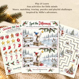 May include: Three printed activity sheets featuring Christmas-themed illustrations of a mouse in a winter landscape. The sheets include a 'Christmas Odd One Out' game, a 'Spot the Differences' puzzle with a mouse reaching for a star, and a maze.