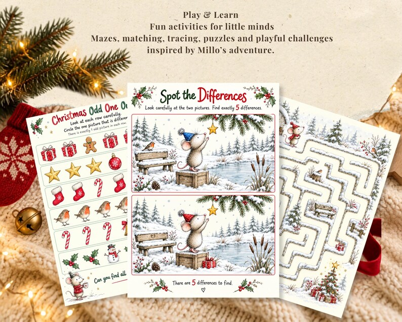 May include: Three printed activity sheets featuring Christmas-themed illustrations of a mouse in a winter landscape. The sheets include a 'Christmas Odd One Out' game, a 'Spot the Differences' puzzle with a mouse reaching for a star, and a maze.