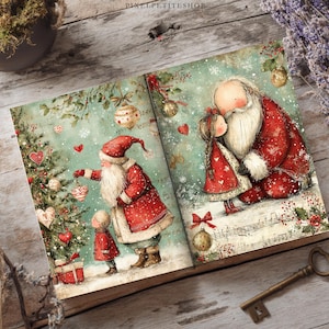 May include: An open book featuring two illustrated pages with Christmas scenes. One page shows Santa Claus decorating a tree with a child, while the other depicts Santa with a young girl. The illustrations include red hearts, ornaments, and musical notes.