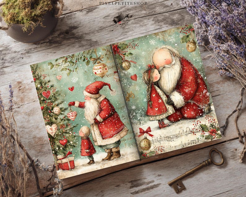 May include: An open book featuring two illustrated pages with Christmas scenes. One page shows Santa Claus decorating a tree with a child, while the other depicts Santa with a young girl. The illustrations include red hearts, ornaments, and musical notes.