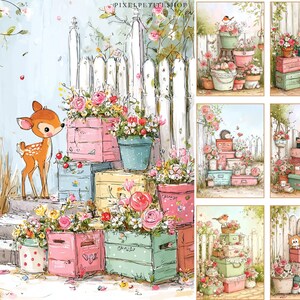 May include: Watercolor illustration featuring a fawn standing near a stack of pastel-colored crates and boxes overflowing with flowers. A white picket fence and additional floral arrangements complete the whimsical garden scene. The artwork has a soft, dreamy aesthetic.