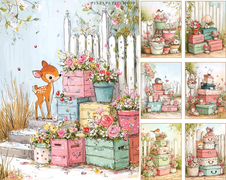 May include: Watercolor illustration featuring a fawn standing near a stack of pastel-colored crates and boxes overflowing with flowers. A white picket fence and additional floral arrangements complete the whimsical garden scene. The artwork has a soft, dreamy aesthetic.