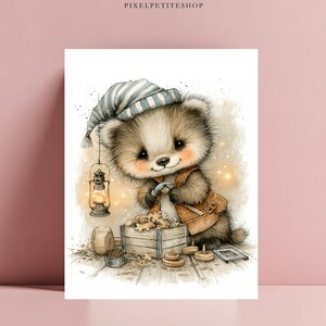 May include: A watercolor illustration of a fluffy brown bear wearing a blue and white striped nightcap and a tan vest. The bear is holding a small hammer over a wooden crate filled with wooden toys, next to a glowing lantern and scattered pieces.
