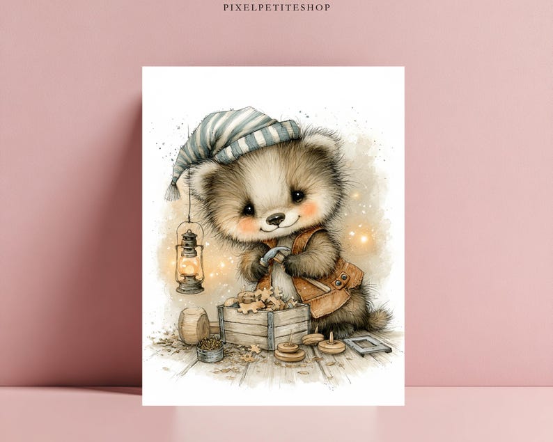 May include: A watercolor illustration of a fluffy brown bear wearing a blue and white striped nightcap and a tan vest. The bear is holding a small hammer over a wooden crate filled with wooden toys, next to a glowing lantern and scattered pieces.