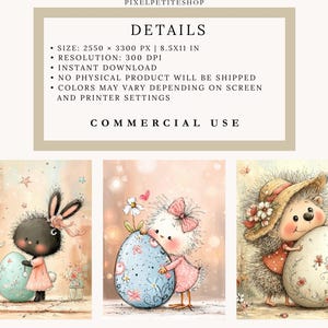 May include: Digital art prints featuring adorable cartoon animals with Easter eggs. The images include a black bunny, a white chick, and a hedgehog, each embracing a decorated egg. The background has a soft, pastel color palette.