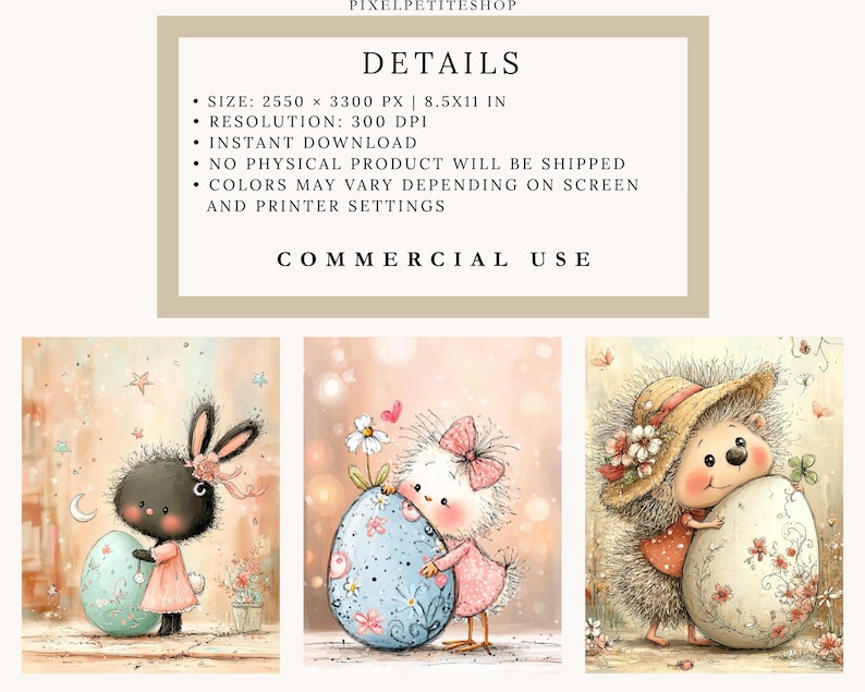 May include: Digital art prints featuring adorable cartoon animals with Easter eggs. The images include a black bunny, a white chick, and a hedgehog, each embracing a decorated egg. The background has a soft, pastel color palette.