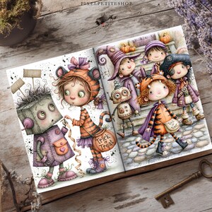 May include: An open book featuring whimsical illustrations of children in Halloween costumes, including a robot, a tiger, and a pirate. The pages display characters with large eyes and detailed outfits, with one bag clearly labeled with the text Trick or Treat.