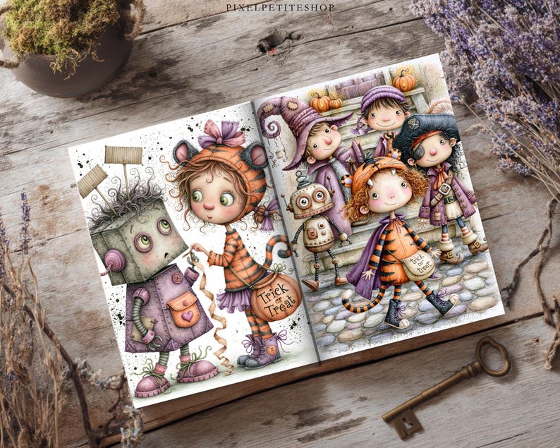 May include: An open book featuring whimsical illustrations of children in Halloween costumes, including a robot, a tiger, and a pirate. The pages display characters with large eyes and detailed outfits, with one bag clearly labeled with the text Trick or Treat.