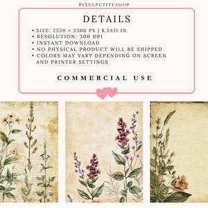May include: Three vintage-style botanical prints featuring detailed illustrations of wildflowers and foliage. The prints have a textured, aged paper background with a soft, warm color palette. The text at the top says "DETAILS" and "COMMERCIAL USE".