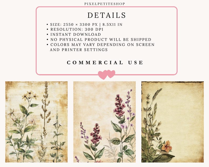 May include: Three vintage-style botanical prints featuring detailed illustrations of wildflowers and foliage. The prints have a textured, aged paper background with a soft, warm color palette. The text at the top says "DETAILS" and "COMMERCIAL USE".