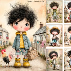 May include: A whimsical illustration of a doll-like figure with messy black hair, wearing a yellow hoodie, denim jacket, and shorts, and yellow boots. The figure holds a wooden suitcase and stands on a path next to a rooster. The background features quaint houses.