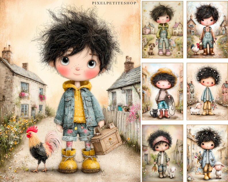 May include: A whimsical illustration of a doll-like figure with messy black hair, wearing a yellow hoodie, denim jacket, and shorts, and yellow boots. The figure holds a wooden suitcase and stands on a path next to a rooster. The background features quaint houses.