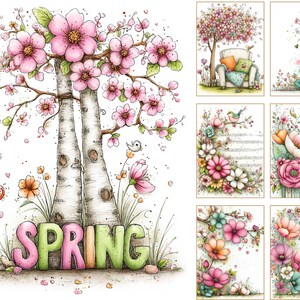 May include: Watercolor illustration featuring a birch tree with pink blossoms and the word "SPRING" in colorful letters. The image includes small birds and flowers, with additional floral designs in the background. The overall theme is spring and nature.