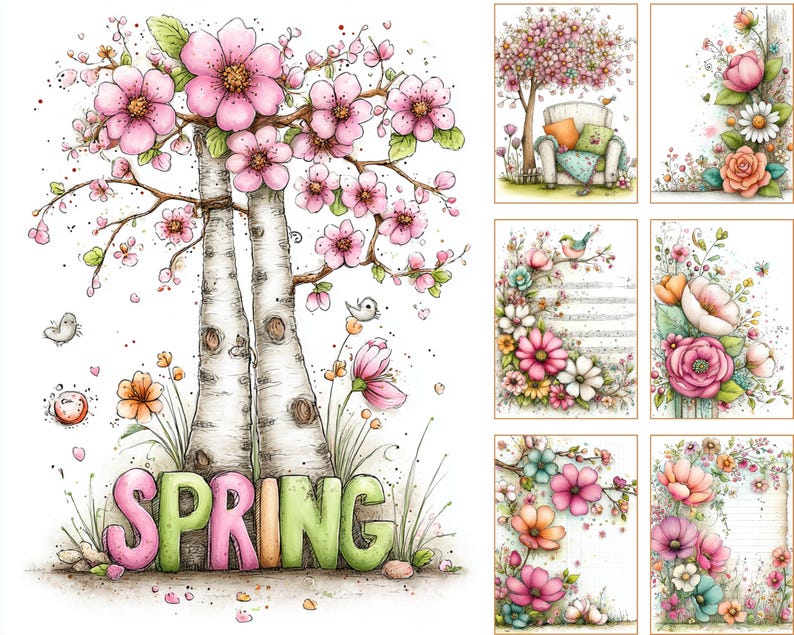May include: Watercolor illustration featuring a birch tree with pink blossoms and the word "SPRING" in colorful letters. The image includes small birds and flowers, with additional floral designs in the background. The overall theme is spring and nature.