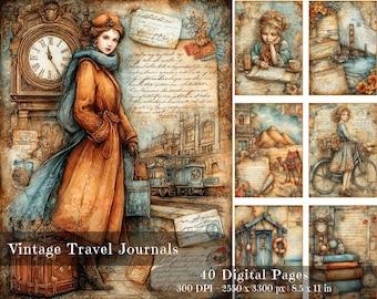 Páginas de diario digital vintage de viaje / Imprimibles para scrapbooking (Descarga digital)