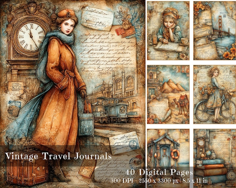May include: Vintage travel journal digital pages. The image features a woman in an orange coat and blue scarf, a clock, and a train. Additional pages show illustrations of travel scenes, including a girl writing, a bridge, and a bicycle. The text reads "Vintage Travel Journals" and "40 Digital Pages".