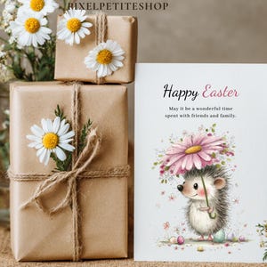 May include: An Easter-themed image featuring a greeting card with a hedgehog illustration holding a flower umbrella. Two wrapped gifts are decorated with daisies and twine. A vase of flowers is in the background. The card reads "Happy Easter".