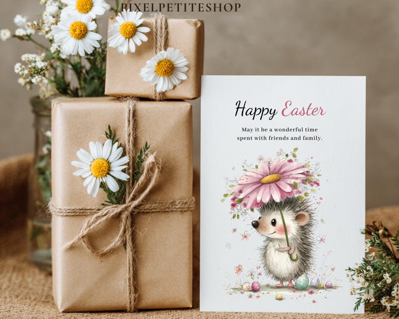 May include: An Easter-themed image featuring a greeting card with a hedgehog illustration holding a flower umbrella. Two wrapped gifts are decorated with daisies and twine. A vase of flowers is in the background. The card reads "Happy Easter".