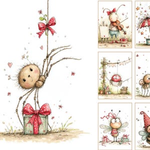 May include: A collection of whimsical watercolor illustrations featuring adorable insect characters. One image shows a spider with a gift box, while others depict an ant playing the violin, a ladybug under an umbrella, and a bee with gifts. The illustrations have a soft color palette.