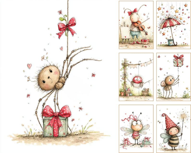 May include: A collection of whimsical watercolor illustrations featuring adorable insect characters. One image shows a spider with a gift box, while others depict an ant playing the violin, a ladybug under an umbrella, and a bee with gifts. The illustrations have a soft color palette.