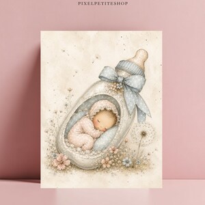 May include: A digital illustration of a baby sleeping inside a glass baby bottle. The bottle is decorated with a light blue polka dot bow. The scene includes soft beige tones, delicate floral accents, and dandelion seeds, with the text PIXELPETITESHOP.