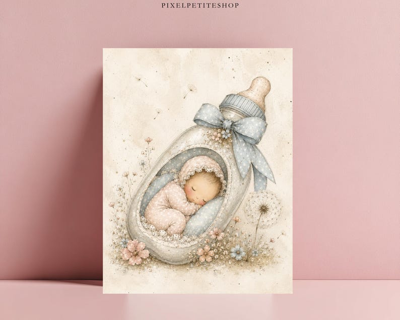 May include: A digital illustration of a baby sleeping inside a glass baby bottle. The bottle is decorated with a light blue polka dot bow. The scene includes soft beige tones, delicate floral accents, and dandelion seeds, with the text PIXELPETITESHOP.
