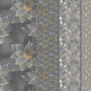 May include: A digital illustration featuring four distinct patterns. The first showcases large, detailed gold and white flowers on a gray background. The other three patterns include sleighs, leaves, and bells in gold and white on gray backgrounds.