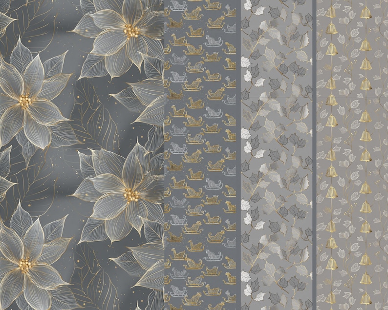 May include: A digital illustration featuring four distinct patterns. The first showcases large, detailed gold and white flowers on a gray background. The other three patterns include sleighs, leaves, and bells in gold and white on gray backgrounds.