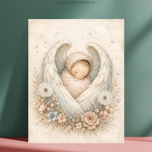 May include: A vertical art print featuring a sleeping infant wrapped in a soft beige blanket, cradled by large white angel wings. The scene is decorated with dandelions and small flowers in muted tones. The text PIXELPETITESHOP appears at the top.