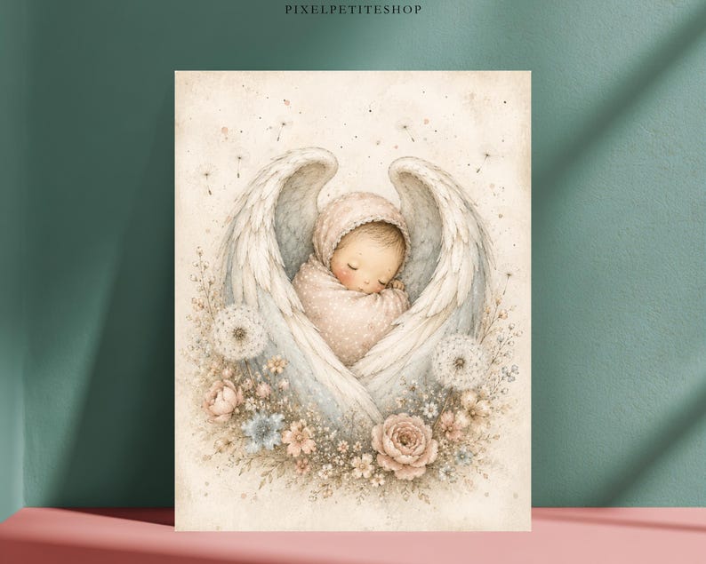 May include: A vertical art print featuring a sleeping infant wrapped in a soft beige blanket, cradled by large white angel wings. The scene is decorated with dandelions and small flowers in muted tones. The text PIXELPETITESHOP appears at the top.