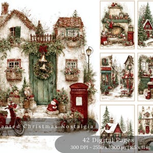 May include: A collection of watercolor illustrations with a Christmas theme. The images include festive houses, a red scooter, and a postbox. The text reads "Enchanted Christmas Nostalgia" and "42 Digital Pages, 8.5 x 11 in."