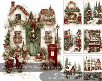 May include: A collection of watercolor illustrations with a Christmas theme. The images include festive houses, a red scooter, and a postbox. The text reads "Enchanted Christmas Nostalgia" and "42 Digital Pages, 8.5 x 11 in."