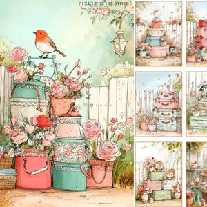 May include: Watercolor illustration featuring a robin perched on a decorative stand with stacked hatboxes and flower pots. The scene includes a white picket fence, roses, and the text "PIXELPETITESHOP". The color palette includes pink, teal, and white.