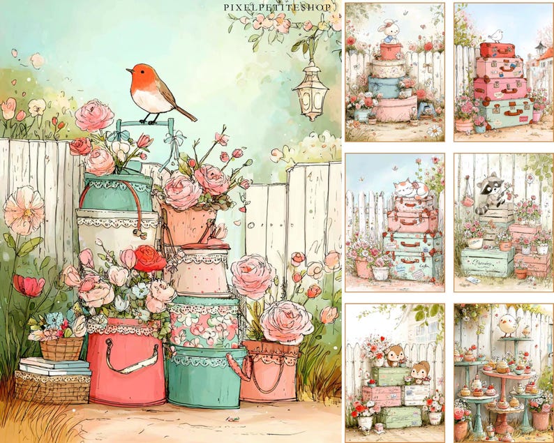 May include: Watercolor illustration featuring a robin perched on a decorative stand with stacked hatboxes and flower pots. The scene includes a white picket fence, roses, and the text "PIXELPETITESHOP". The color palette includes pink, teal, and white.