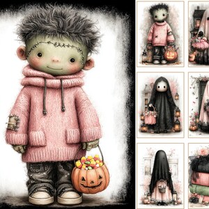 May include: A collection of six digital illustrations featuring whimsical characters for Halloween. The images depict a Frankenstein-inspired figure in a pink sweater, ghosts in sheets, and a stack of vintage books adorned with a skull and floral accents.