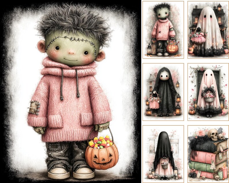 May include: A collection of six digital illustrations featuring whimsical characters for Halloween. The images depict a Frankenstein-inspired figure in a pink sweater, ghosts in sheets, and a stack of vintage books adorned with a skull and floral accents.